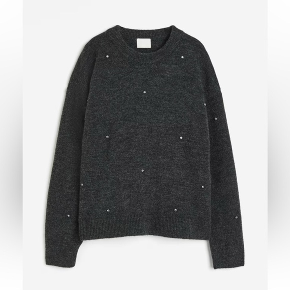H&M Gray Embellished Beaded Sweater Medium Wool Blend Loose Fit Cozy Knit Top